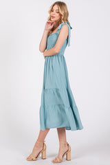 Light Blue Smocked Tie Strap Tiered Midi Dress