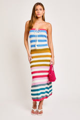 Multi Stripe Strapless Knit Fitted Maternity Midi Dress