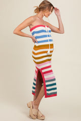 Multi Stripe Strapless Knit Fitted Maternity Midi Dress