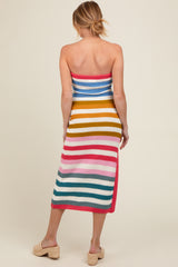 Multi Stripe Strapless Knit Fitted Maternity Midi Dress