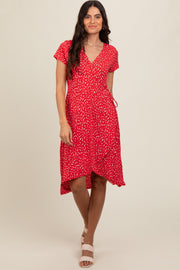 Red Printed Short Sleeve Wrap Midi Dress