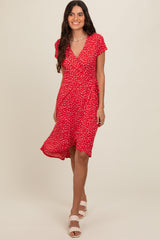 Red Printed Short Sleeve Wrap Midi Dress