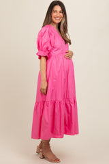 Fuchsia Short Puff Sleeve Tiered Maternity Midi Dress