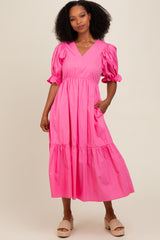 Fuchsia Short Puff Sleeve Tiered Maternity Midi Dress