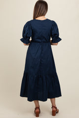 Navy Short Puff Sleeve Tiered Maternity Midi Dress