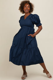 Navy Short Puff Sleeve Tiered Midi Dress