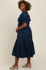 Navy Short Puff Sleeve Tiered Midi Dress