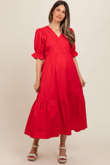 Red Short Puff Sleeve Tiered Maternity Midi Dress