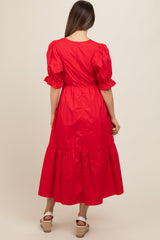 Red Short Puff Sleeve Tiered Maternity Midi Dress