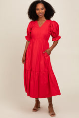 Red Short Puff Sleeve Tiered Midi Dress