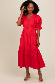 Red Short Puff Sleeve Tiered Midi Dress