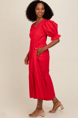 Red Short Puff Sleeve Tiered Midi Dress