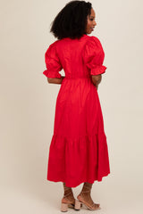 Red Short Puff Sleeve Tiered Midi Dress