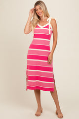 Pink Striped Shoulder Tie Side Slit Midi Dress