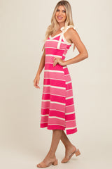 Pink Striped Shoulder Tie Side Slit Midi Dress