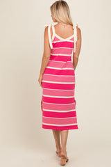 Pink Striped Shoulder Tie Side Slit Midi Dress