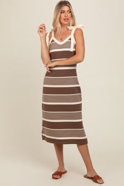 Brown Striped Shoulder Tie Side Slit Midi Dress