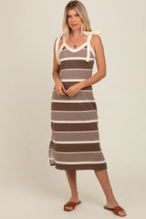 Brown Striped Shoulder Tie Side Slit Midi Dress