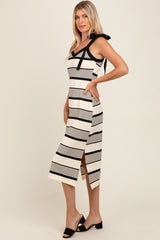 Cream Striped Shoulder Tie Side Slit Midi Dress