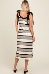 Cream Striped Shoulder Tie Side Slit Midi Dress