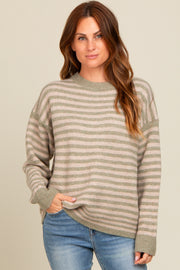 Light Olive Striped Drop Shoulder Sweater