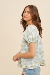 Moss Floral Embroidery Gingham Smock Blouse