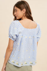 Powder Blue Floral Embroidery Gingham Smock Blouse