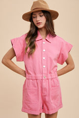 Aurora Pink Mineral Washed Elastic Waistband Pockets Romper