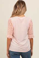 Peach Mesh Floral Puff Sleeve Maternity Top