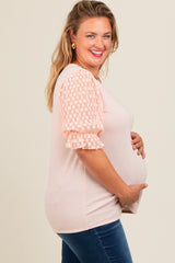 Peach Mesh Floral Puff Sleeve Maternity Plus Top