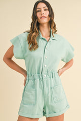 Spearmint Mineral Washed Elastic Waistband Pockets Romper