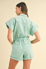 Spearmint Mineral Washed Elastic Waistband Pockets Romper