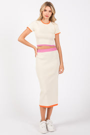 Cream Colorblock Crop Top and Skirt Set