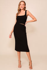 Black Ribbed Square Neck Sleeveless Crop Skirt Set