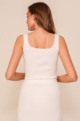 Cream Ribbed Square Neck Sleeveless Crop Skirt Set