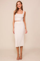 Cream Ribbed Square Neck Sleeveless Crop Skirt Set