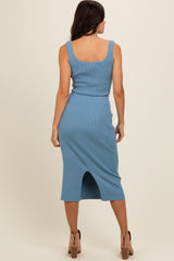 Blue Ribbed Square Neck Sleeveless Crop Skirt Set