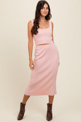 Light Pink Ribbed Square Neck Sleeveless Crop Maternity Skirt Set