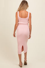 Light Pink Ribbed Square Neck Sleeveless Crop Maternity Skirt Set