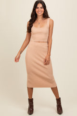 Taupe Ribbed Square Neck Sleeveless Crop Skirt Set