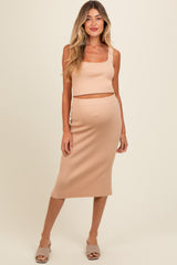 Taupe Ribbed Square Neck Sleeveless Crop Maternity Skirt Set