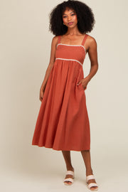 Rust Contrast Trim Midi Dress