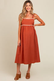 Rust Contrast Trim Maternity Midi Dress