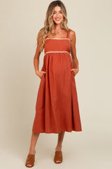 Rust Contrast Trim Maternity Midi Dress