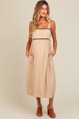 Beige Contrast Trim Maternity Midi Dress