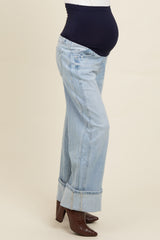 Light Blue Cuffed Relaxed Wide Leg Maternity Jeans