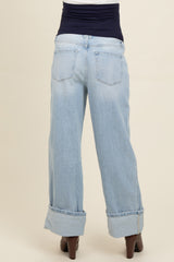 Light Blue Cuffed Relaxed Wide Leg Maternity Jeans