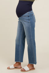 Blue Relaxed Fringe Hem Maternity Straight Leg Jeans