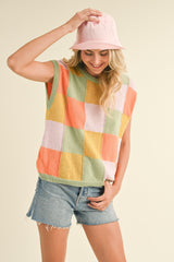 Sage Orange Multi Colorful Checkered Sweater Vest