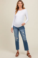 Blue Distressed Open Knee Cropped Straight Leg Maternity Jeans